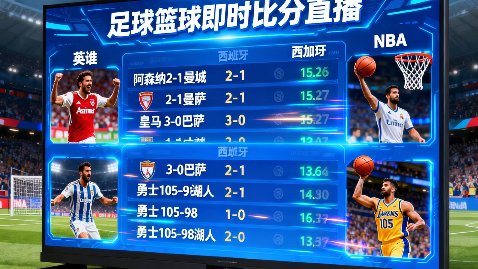 足球篮球即时比分直播大屏，显示英超、西甲、NBA等多场次实时比分与动画